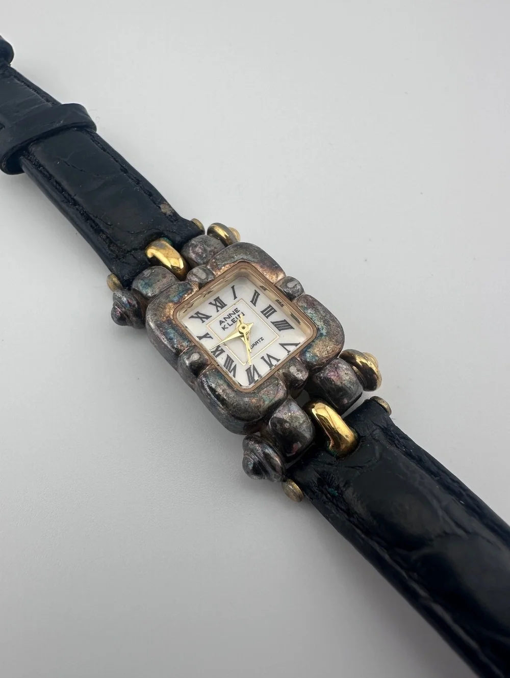 Vintage Anne Klein 29mm Two Tone Quartz Watch Black Leather Band